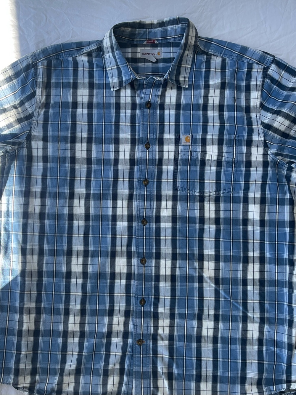 Carhartt Blue and White Plaid Short-Sleeve Button-Down Shirt